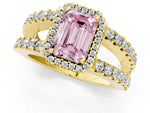Fancy Pink Emerald Cut Diamond Halo Ring in Yellow gold with Split Shank Band and Prong Setting_1