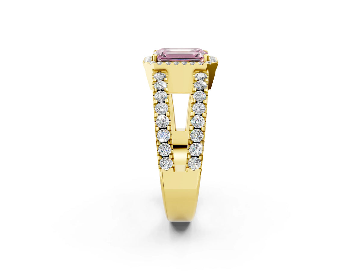 Fancy Pink Emerald Cut Diamond Halo Ring in Yellow gold with Split Shank Band and Prong Setting_2
