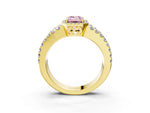 Fancy Pink Emerald Cut Diamond Halo Ring in Yellow gold with Split Shank Band and Prong Setting_3