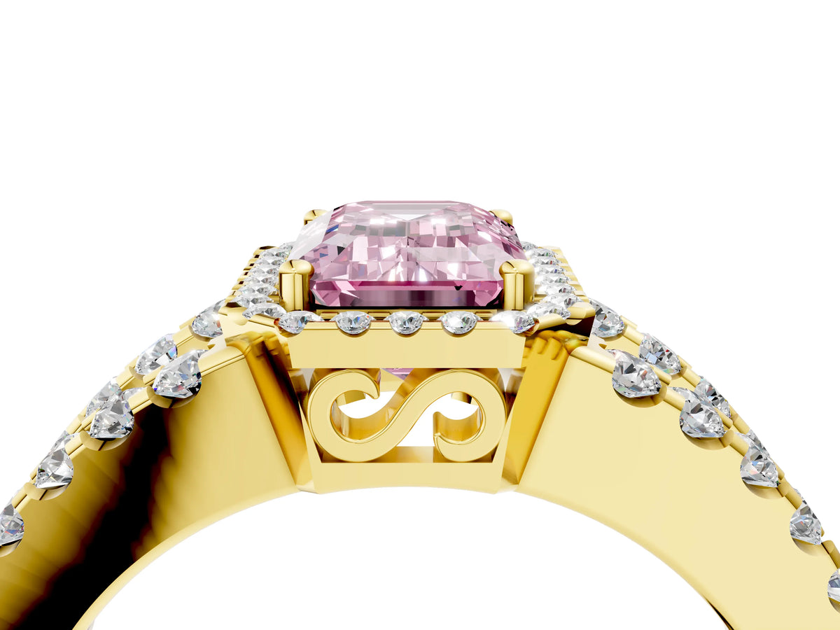 Fancy Pink Emerald Cut Diamond Halo Ring in Yellow gold with Split Shank Band and Prong Setting_4