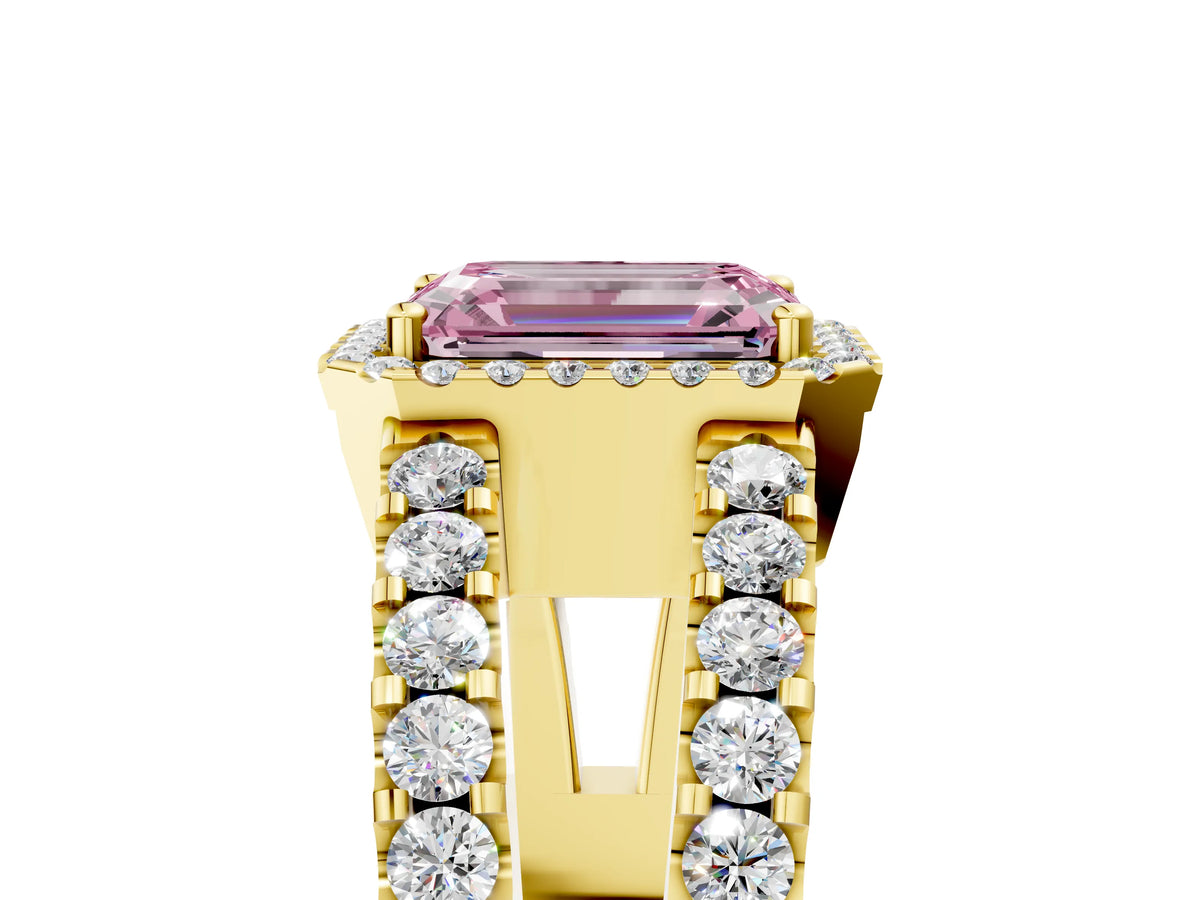Fancy Pink Emerald Cut Diamond Halo Ring in Yellow gold with Split Shank Band and Prong Setting_5
