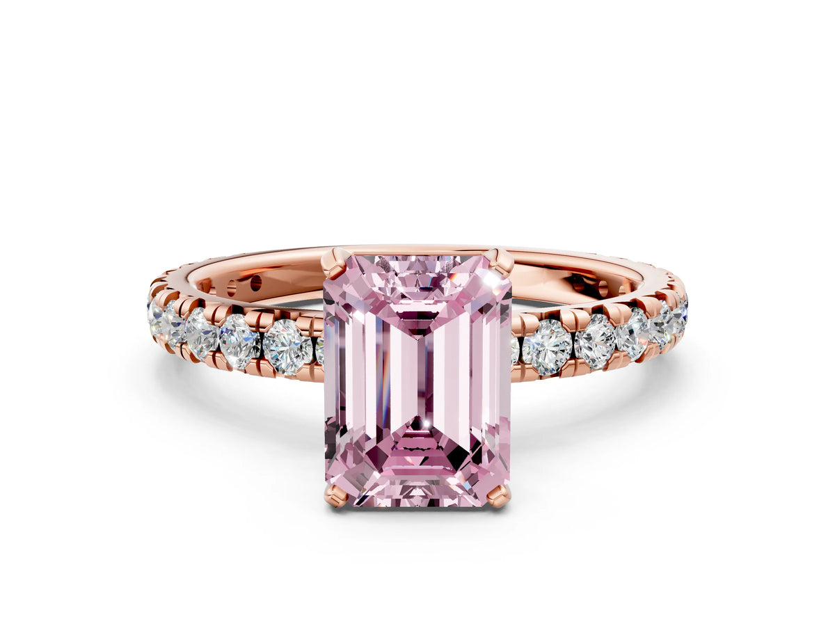 Fancy Pink Emerald Cut Diamond Pavé Solitaire Ring in Rose gold with Round Pavé Band and Prong Setting
