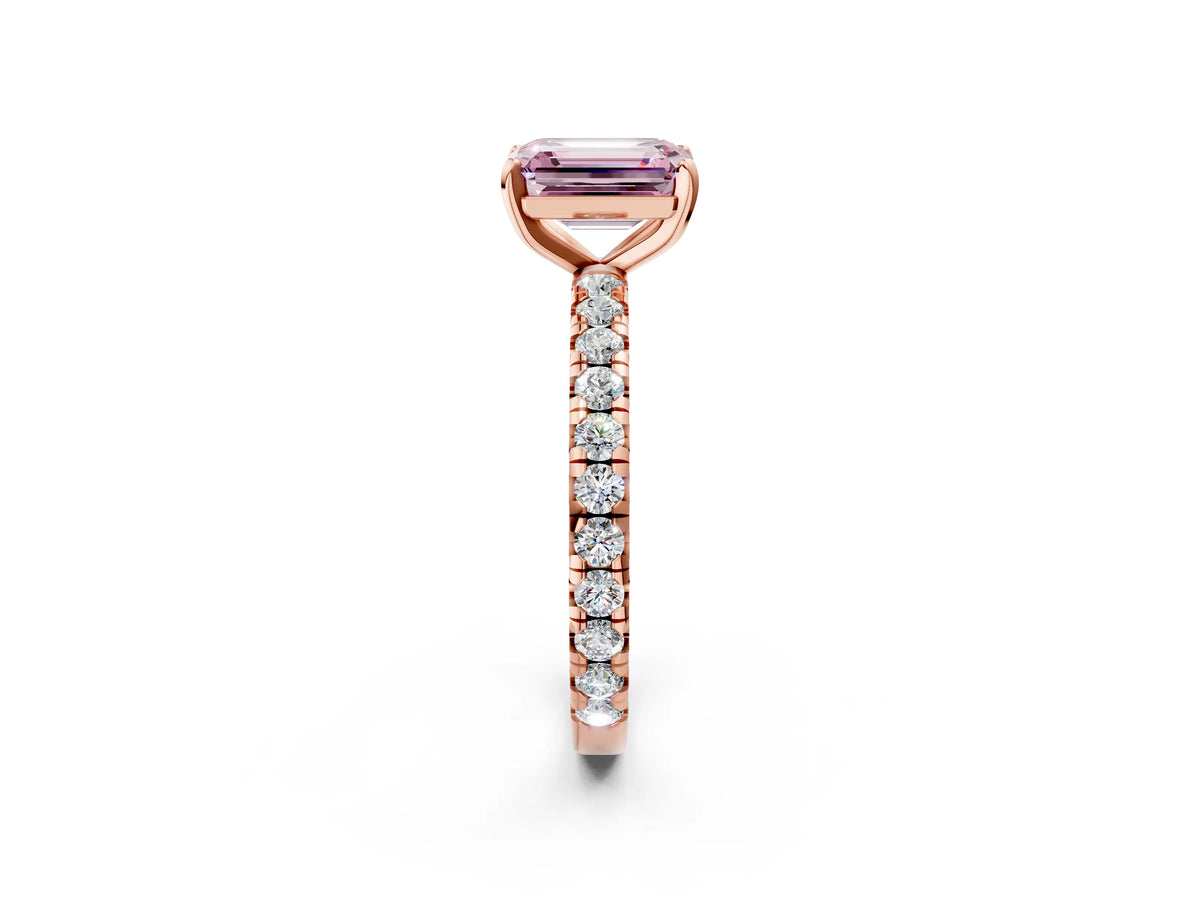 Fancy Pink Emerald Cut Diamond Pavé Solitaire Ring in Rose gold with Round Pavé Band and Prong Setting_2