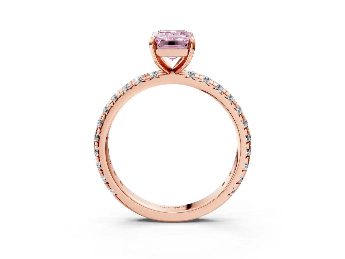 Fancy Pink Emerald Cut Diamond Pavé Solitaire Ring in Rose gold with Round Pavé Band and Prong Setting_3