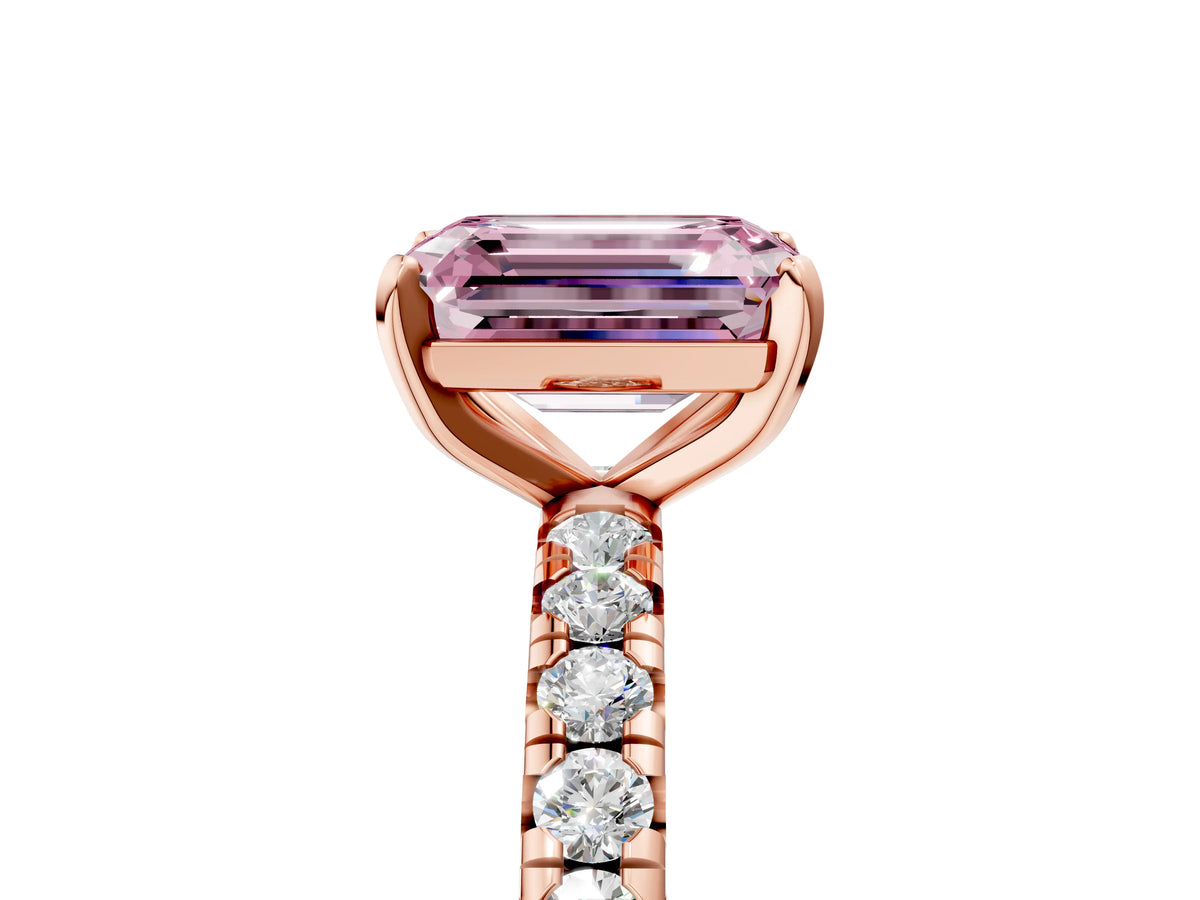 Fancy Pink Emerald Cut Diamond Pavé Solitaire Ring in Rose gold with Round Pavé Band and Prong Setting_5