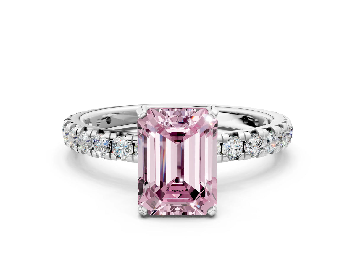 Fancy Pink Emerald Cut Diamond Pavé Solitaire Ring in Silver with Round Pavé Band and Prong Setting