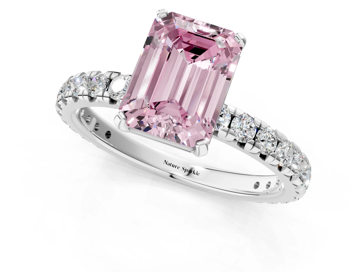 Fancy Pink Emerald Cut Diamond Pavé Solitaire Ring in Silver with Round Pavé Band and Prong Setting_1