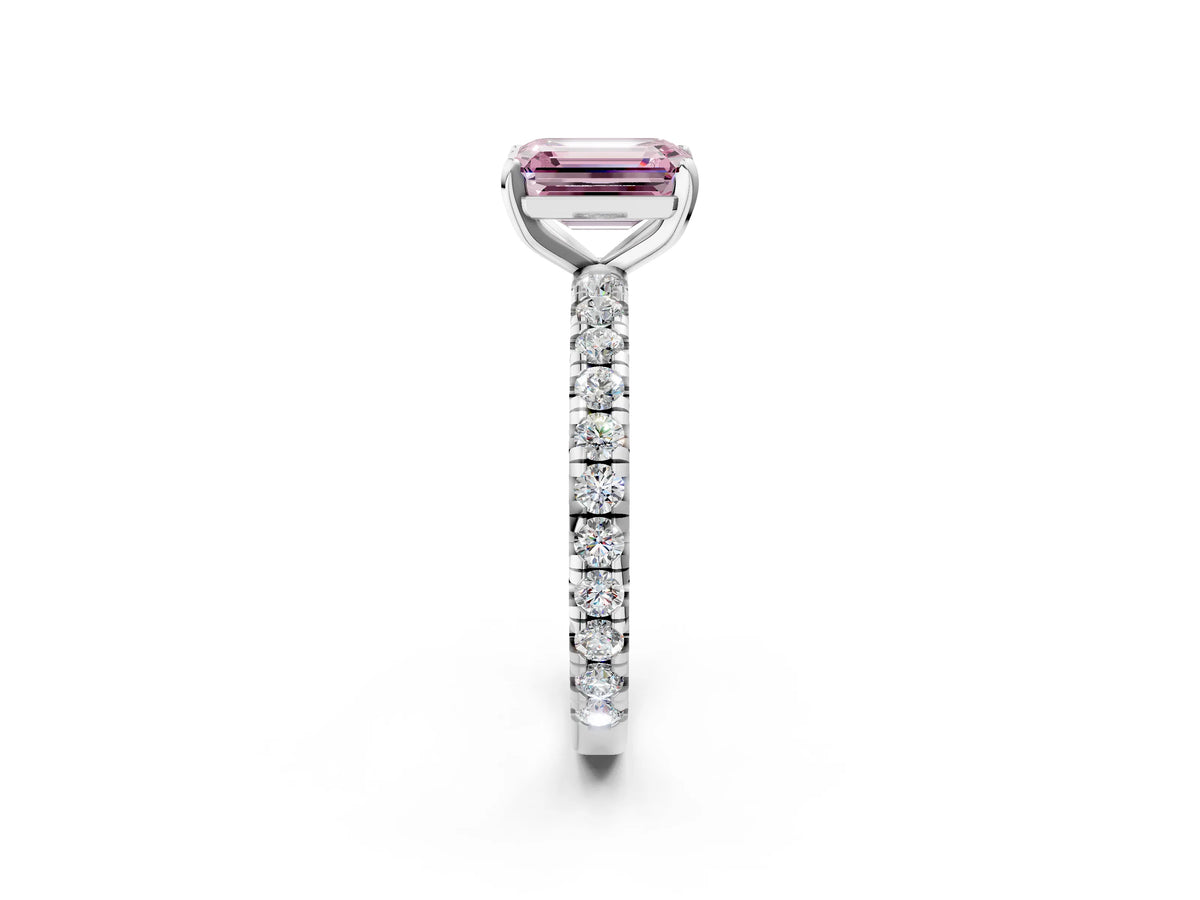 Fancy Pink Emerald Cut Diamond Pavé Solitaire Ring in Silver with Round Pavé Band and Prong Setting_2