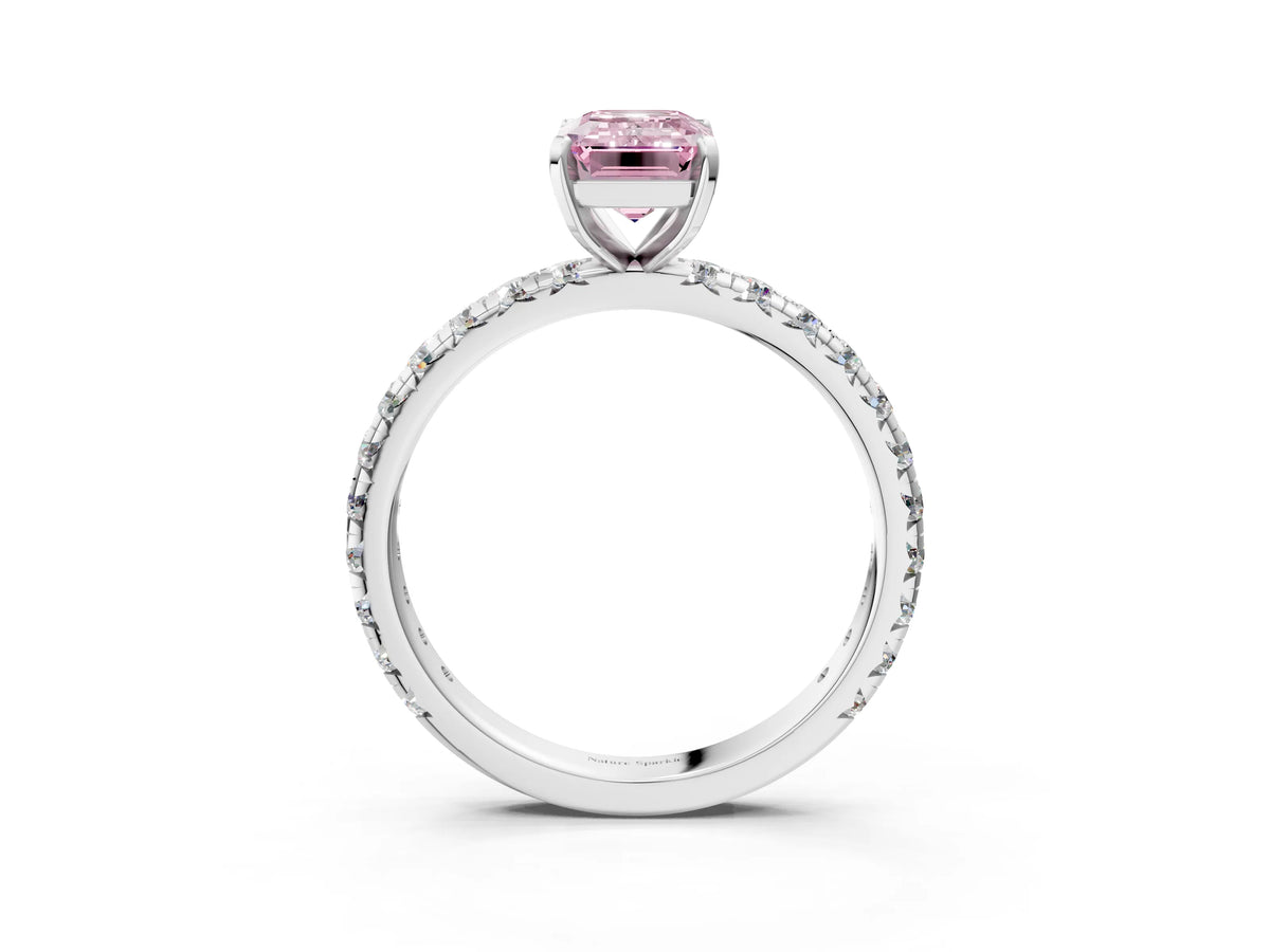 Fancy Pink Emerald Cut Diamond Pavé Solitaire Ring in Silver with Round Pavé Band and Prong Setting_3