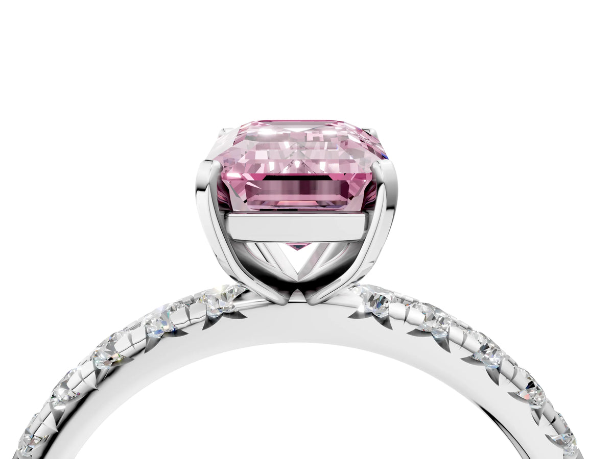 Fancy Pink Emerald Cut Diamond Pavé Solitaire Ring in Silver with Round Pavé Band and Prong Setting_4