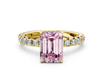 Fancy Pink Emerald Cut Diamond Pavé Solitaire Ring in Yellow gold with Round Pavé Band and Prong Setting