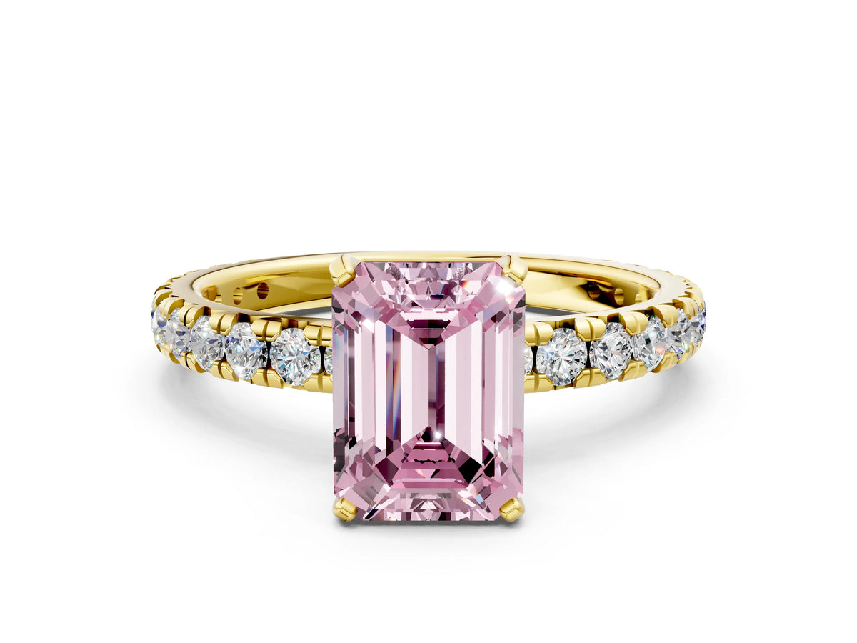 Fancy Pink Emerald Cut Diamond Pavé Solitaire Ring in Yellow gold with Round Pavé Band and Prong Setting
