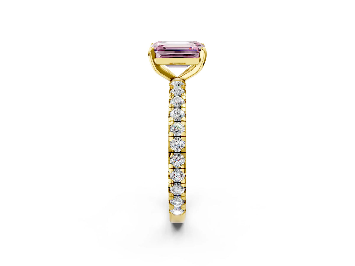 Fancy Pink Emerald Cut Diamond Pavé Solitaire Ring in Yellow gold with Round Pavé Band and Prong Setting_2