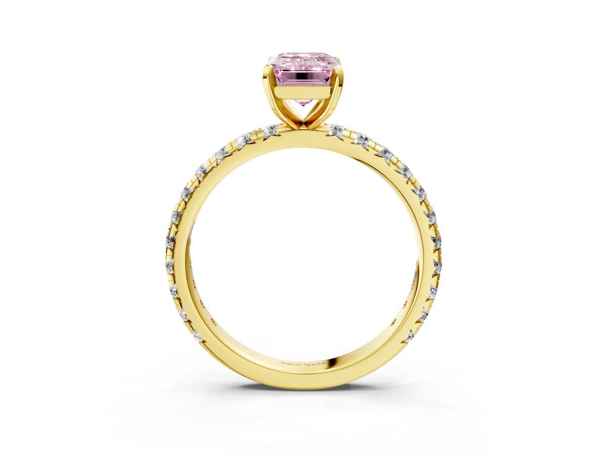 Fancy Pink Emerald Cut Diamond Pavé Solitaire Ring in Yellow gold with Round Pavé Band and Prong Setting_3