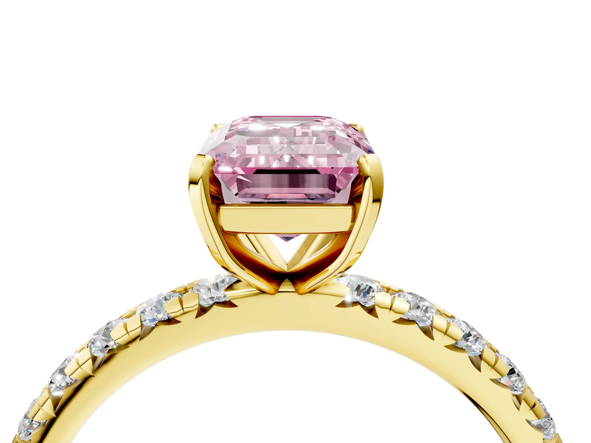 Fancy Pink Emerald Cut Diamond Pavé Solitaire Ring in Yellow gold with Round Pavé Band and Prong Setting_4