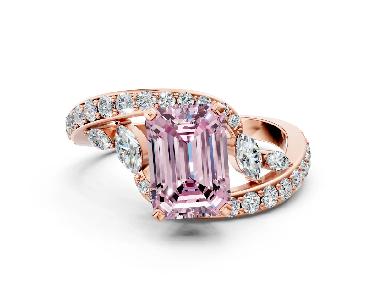 Fancy Pink Emerald Cut Diamond Solitaire Ring in Rose gold with Pavé Twist Band and Prong Setting