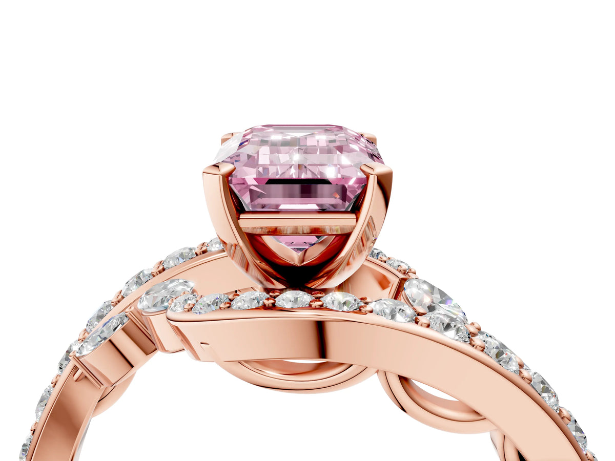 Fancy Pink Emerald Cut Diamond Solitaire Ring in Rose gold with Pavé Twist Band and Prong Setting_4