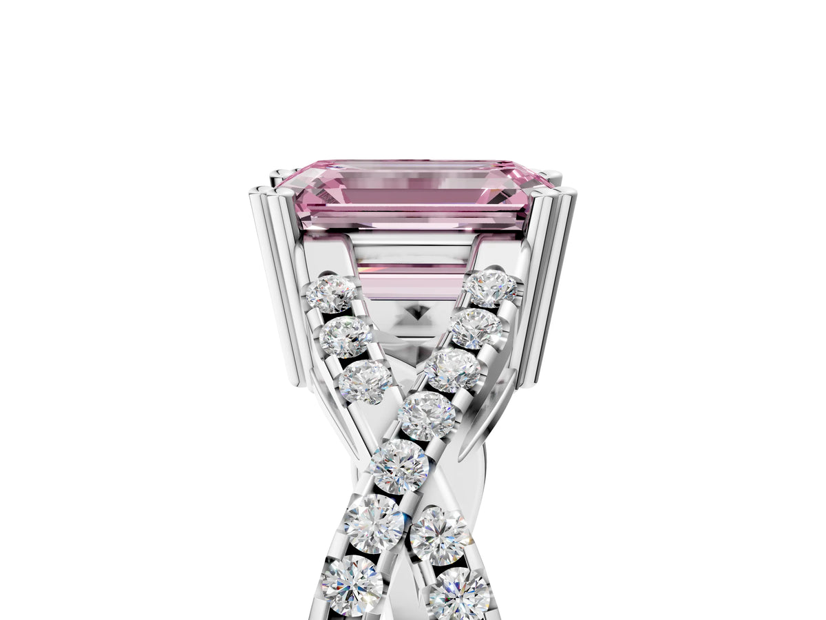 Fancy Pink Emerald Cut Diamond Solitaire Ring in Silver with Interwoven Pavé Band and Prong Setting_11