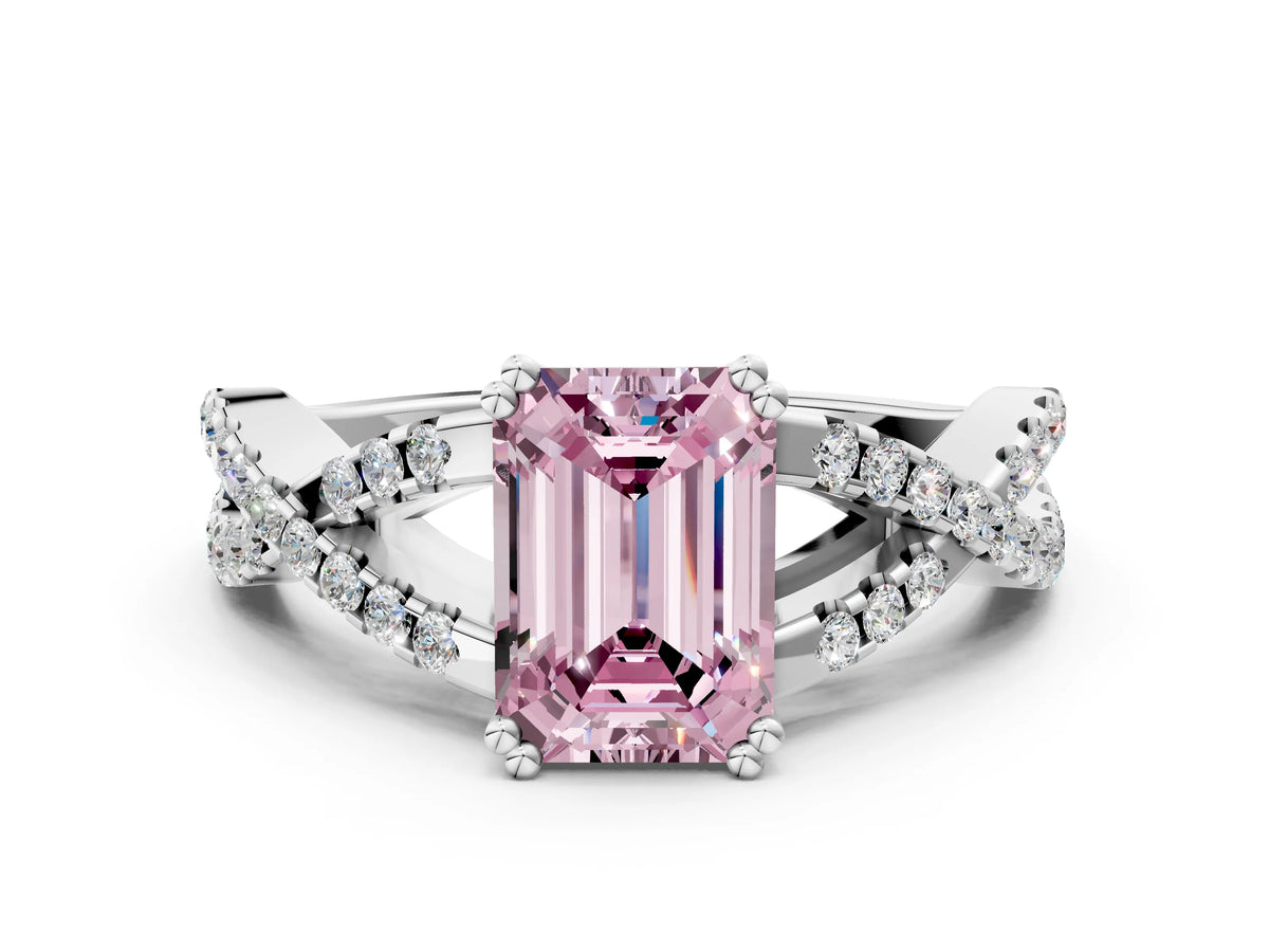Fancy Pink Emerald Cut Diamond Solitaire Ring in Silver with Interwoven Pavé Band and Prong Setting_6