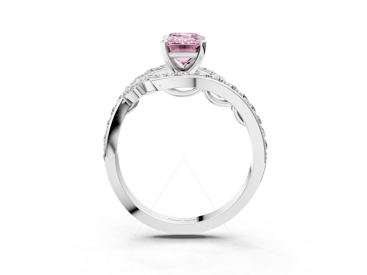 Fancy Pink Emerald Cut Diamond Solitaire Ring in Silver with Pavé Twist Band and Prong Setting_9