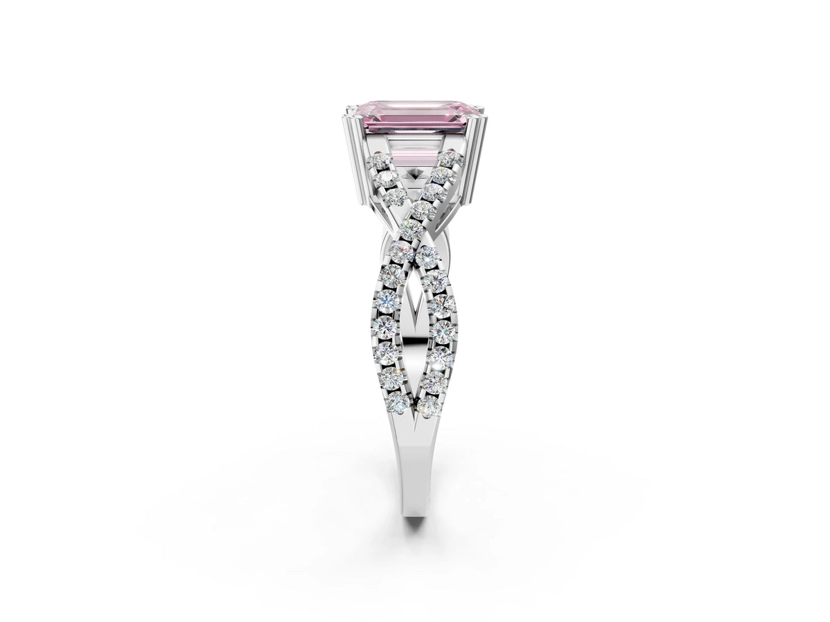 Fancy Pink Emerald Cut Diamond Solitaire Ring in White gold with Interwoven Pavé Band and Prong Setting_2