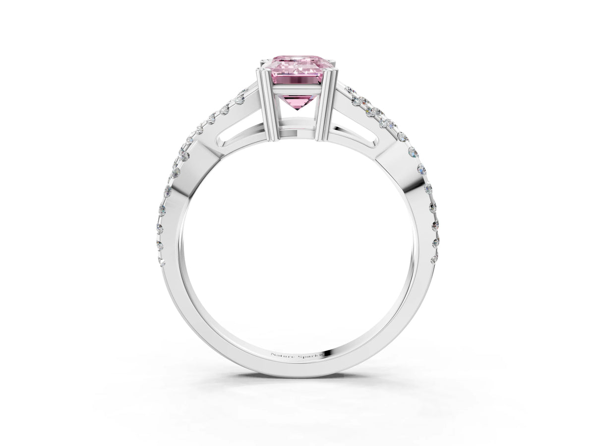 Fancy Pink Emerald Cut Diamond Solitaire Ring in White gold with Interwoven Pavé Band and Prong Setting_3