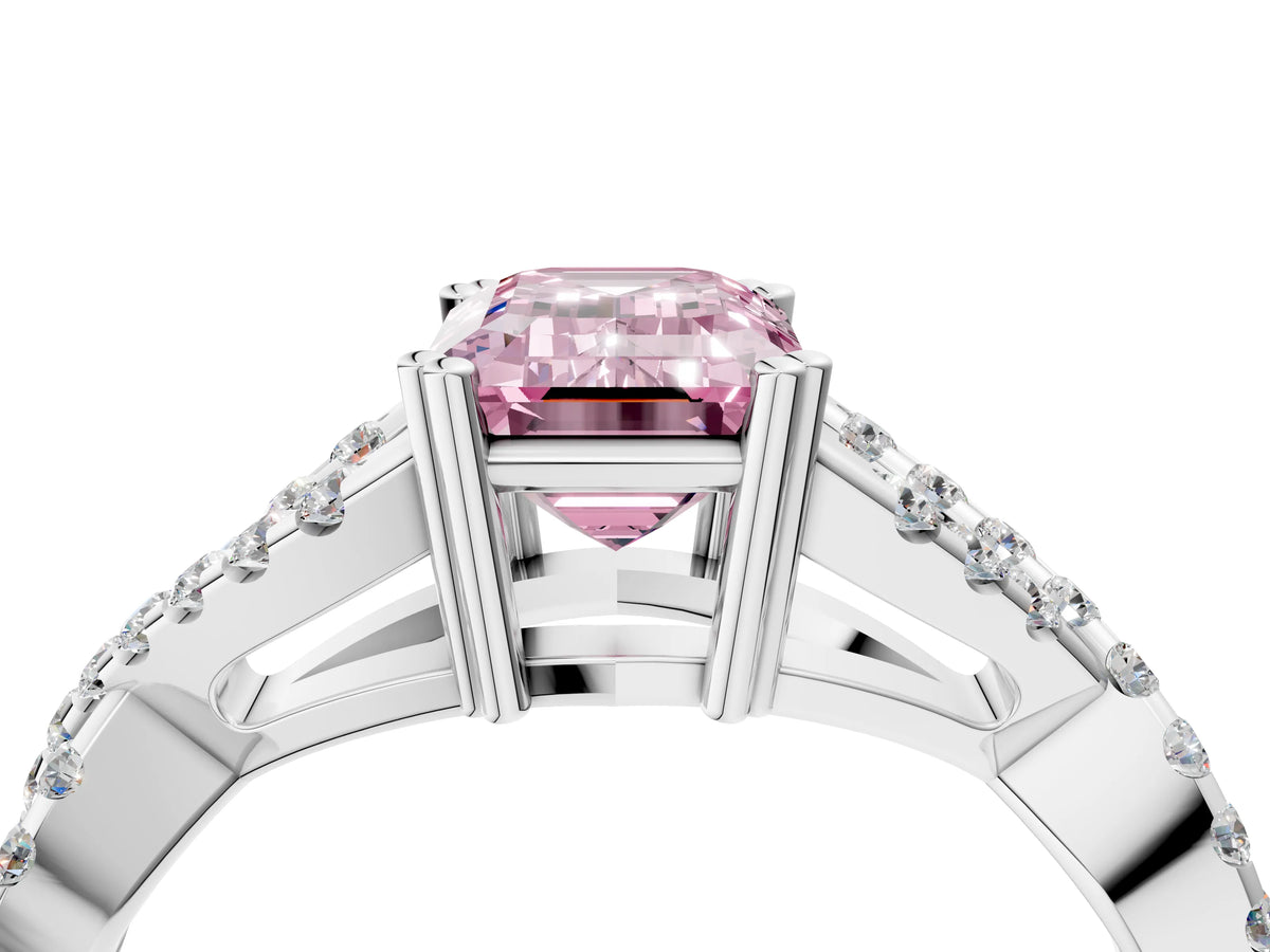 Fancy Pink Emerald Cut Diamond Solitaire Ring in White gold with Interwoven Pavé Band and Prong Setting_4