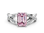 Fancy Pink Emerald Cut Diamond Solitaire Ring in White gold with Interwoven Pavé Band and Prong Setting
