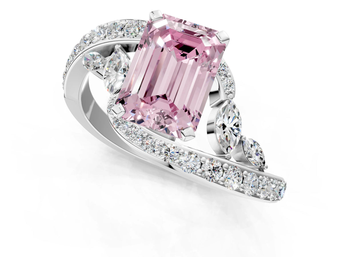 Fancy Pink Emerald Cut Diamond Solitaire Ring in White gold with Pavé Twist Band and Prong Setting_1
