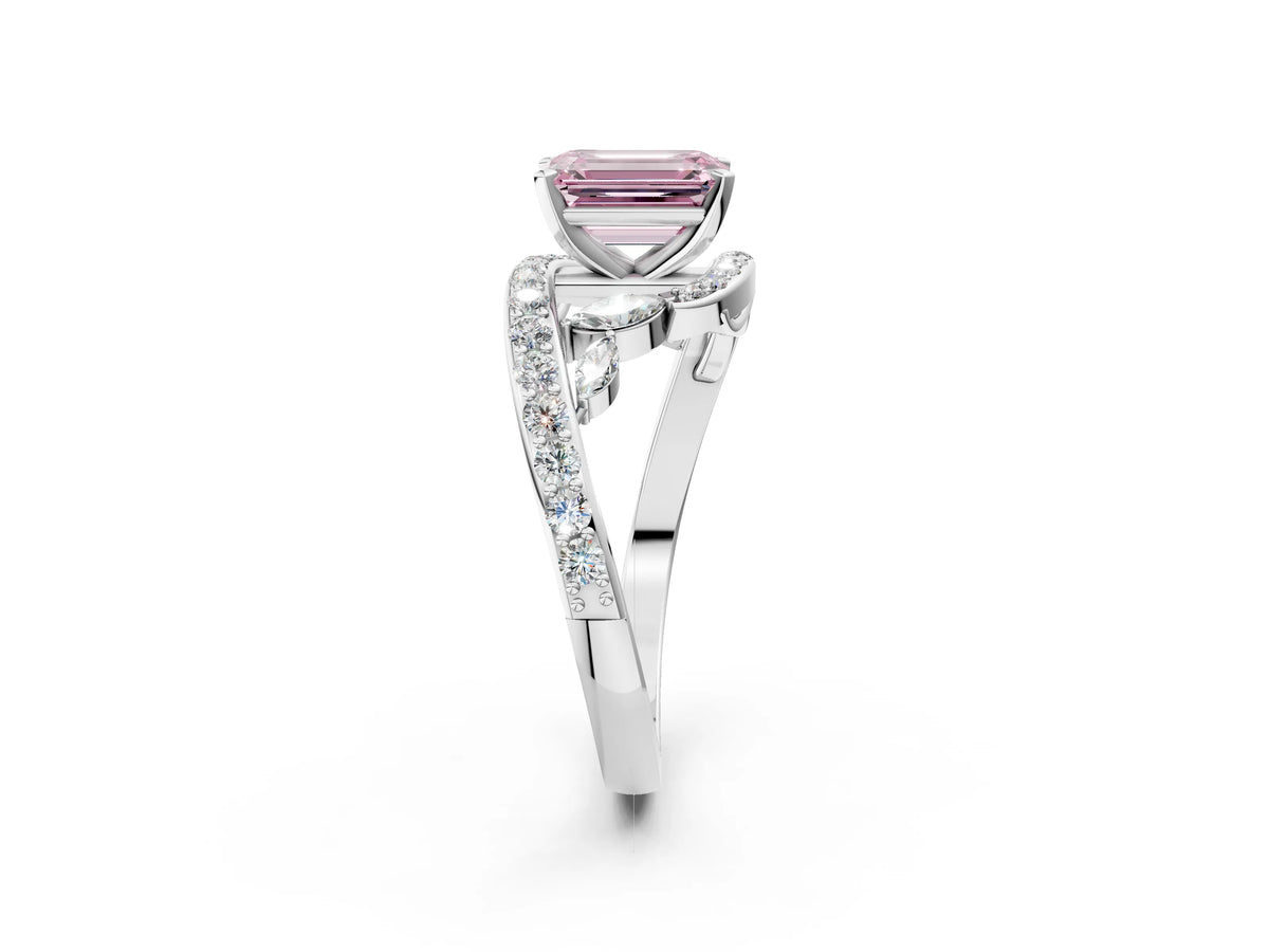 Fancy Pink Emerald Cut Diamond Solitaire Ring in White gold with Pavé Twist Band and Prong Setting_2