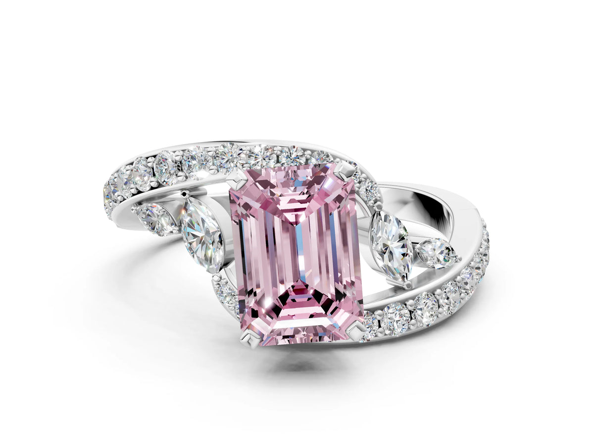 Fancy Pink Emerald Cut Diamond Solitaire Ring in White gold with Pavé Twist Band and Prong Setting