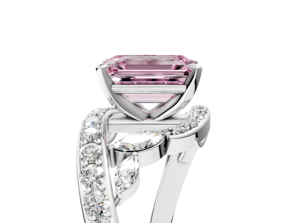 Fancy Pink Emerald Cut Diamond Solitaire Ring in White gold with Pavé Twist Band and Prong Setting_5