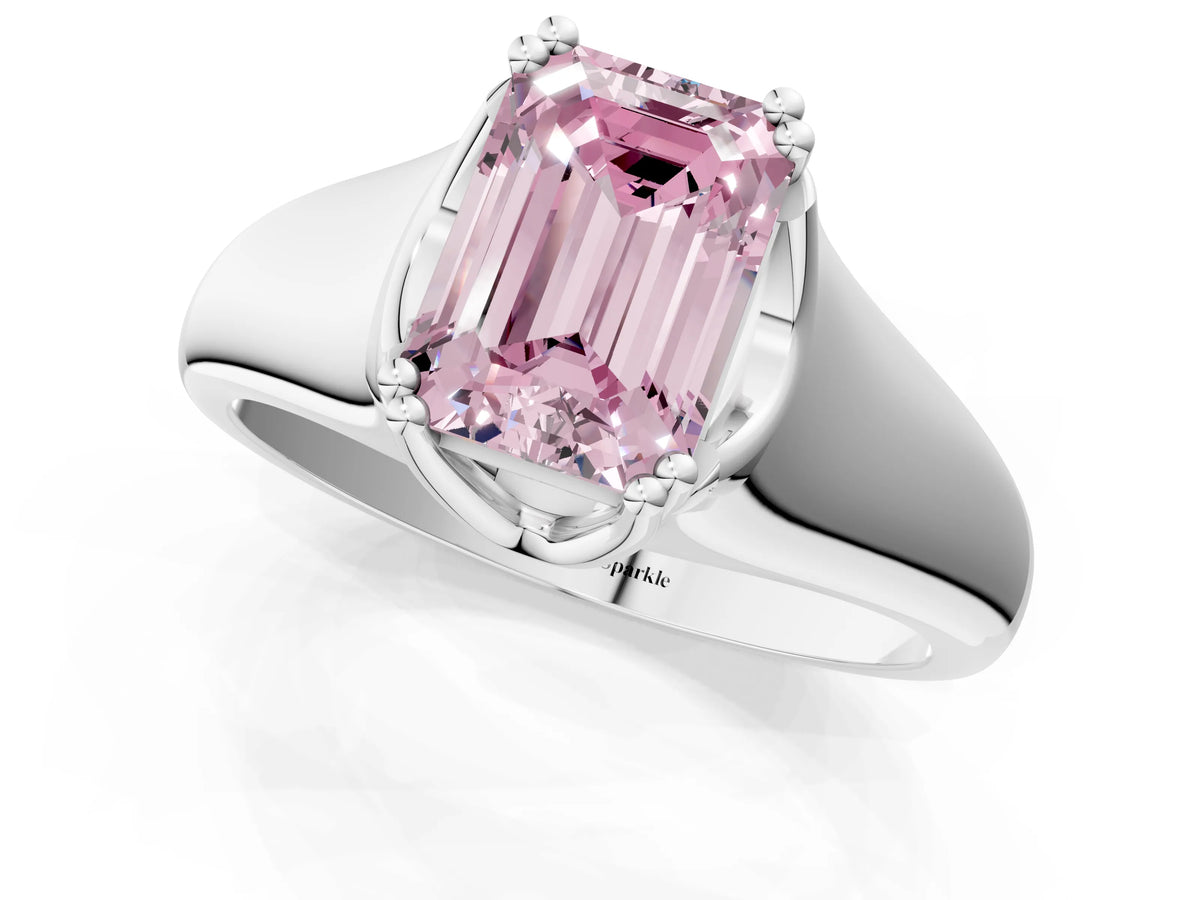 Fancy Pink Emerald Cut Diamond Solitaire Ring in White gold with Smooth Wide Band and Prong Setting_1
