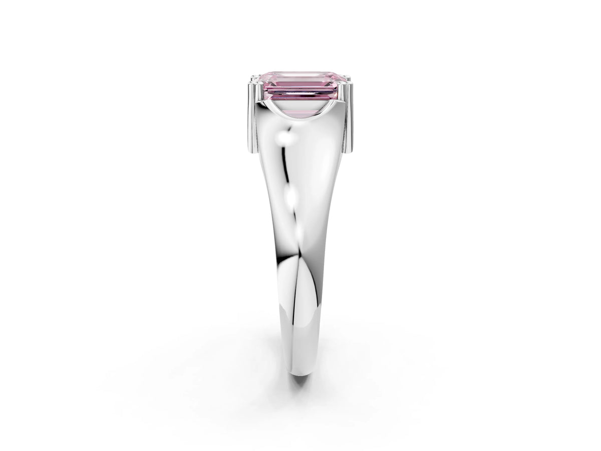 Fancy Pink Emerald Cut Diamond Solitaire Ring in White gold with Smooth Wide Band and Prong Setting_2