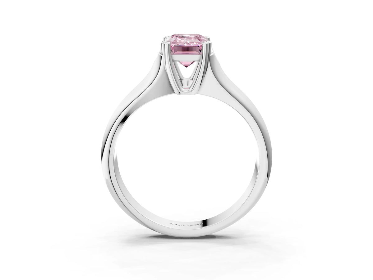 Fancy Pink Emerald Cut Diamond Solitaire Ring in White gold with Smooth Wide Band and Prong Setting_3