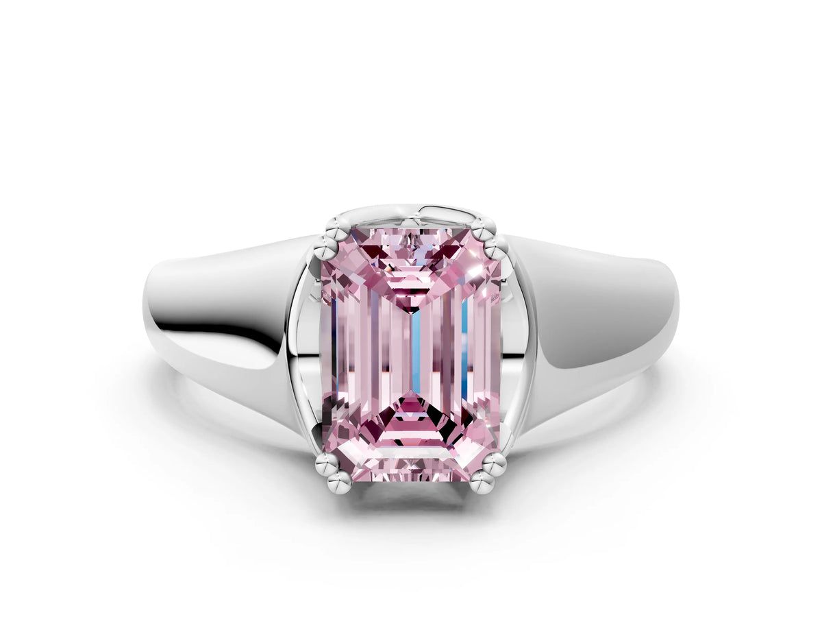 Fancy Pink Emerald Cut Diamond Solitaire Ring in White gold with Smooth Wide Band and Prong Setting