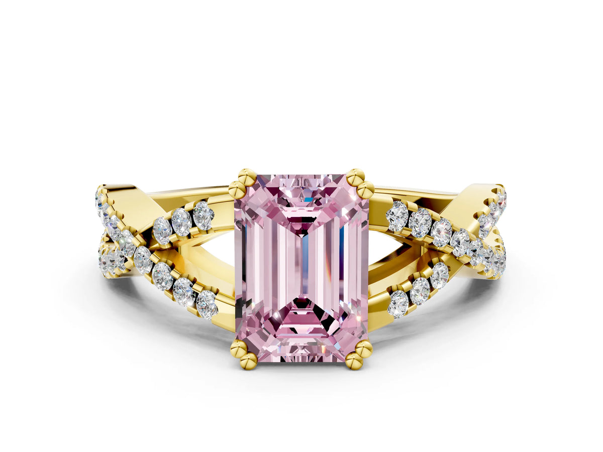 Fancy Pink Emerald Cut Diamond Solitaire Ring in Yellow gold with Interwoven Pavé Band and Prong Setting