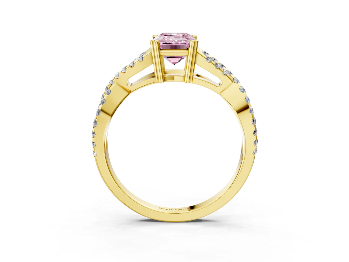 Fancy Pink Emerald Cut Diamond Solitaire Ring in Yellow gold with Interwoven Pavé Band and Prong Setting_3