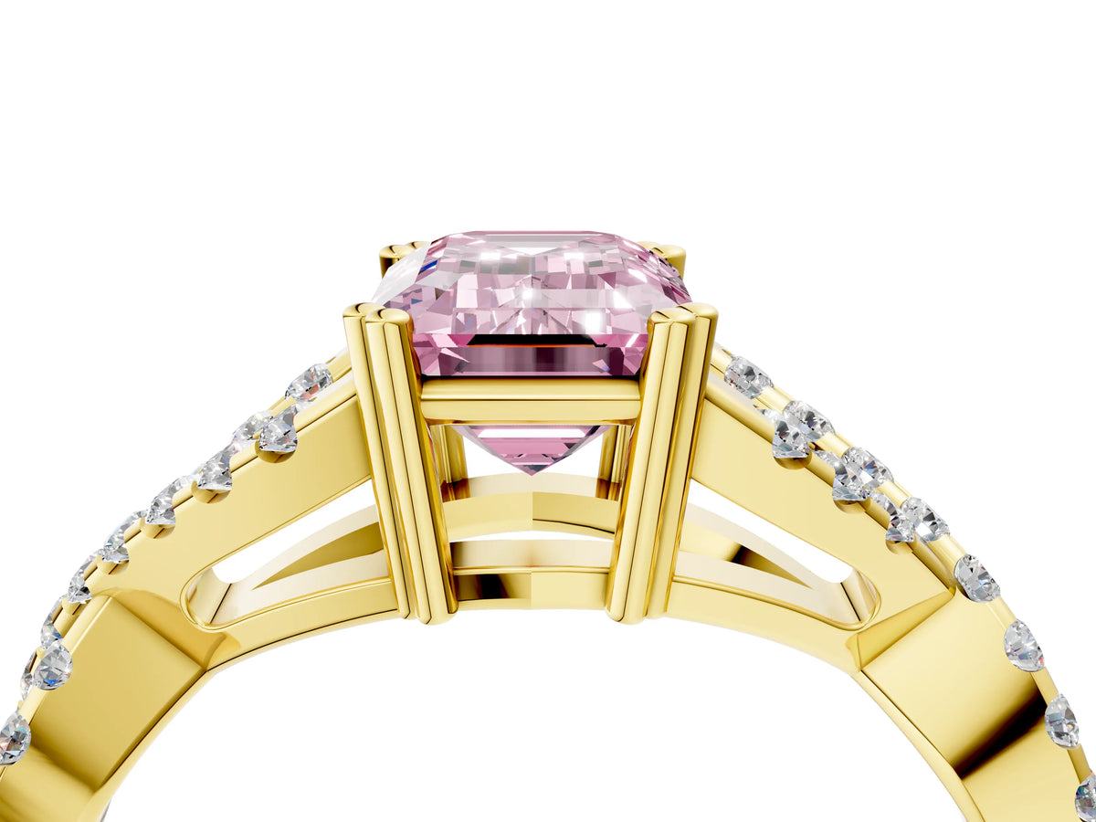 Fancy Pink Emerald Cut Diamond Solitaire Ring in Yellow gold with Interwoven Pavé Band and Prong Setting_4