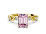 Fancy Pink Emerald Cut Diamond Solitaire Ring in Yellow gold with Twisted Ribbon Band and Round Accents