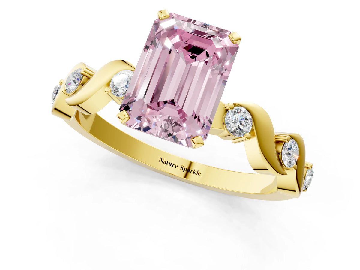 Fancy Pink Emerald Cut Diamond Solitaire Ring in Yellow gold with Twisted Ribbon Band and Round Accents_1