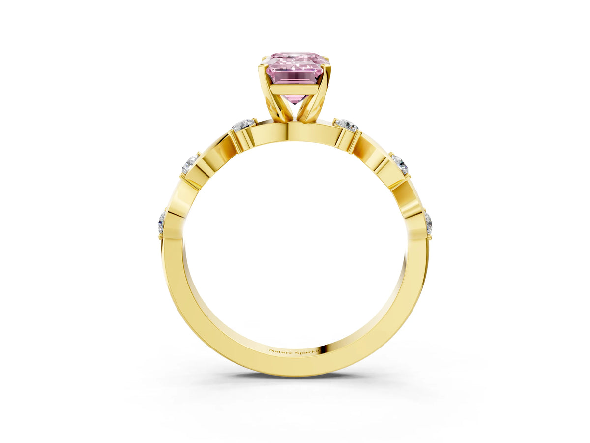 Fancy Pink Emerald Cut Diamond Solitaire Ring in Yellow gold with Twisted Ribbon Band and Round Accents_3