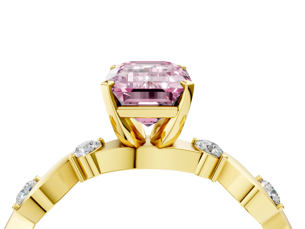 Fancy Pink Emerald Cut Diamond Solitaire Ring in Yellow gold with Twisted Ribbon Band and Round Accents_4