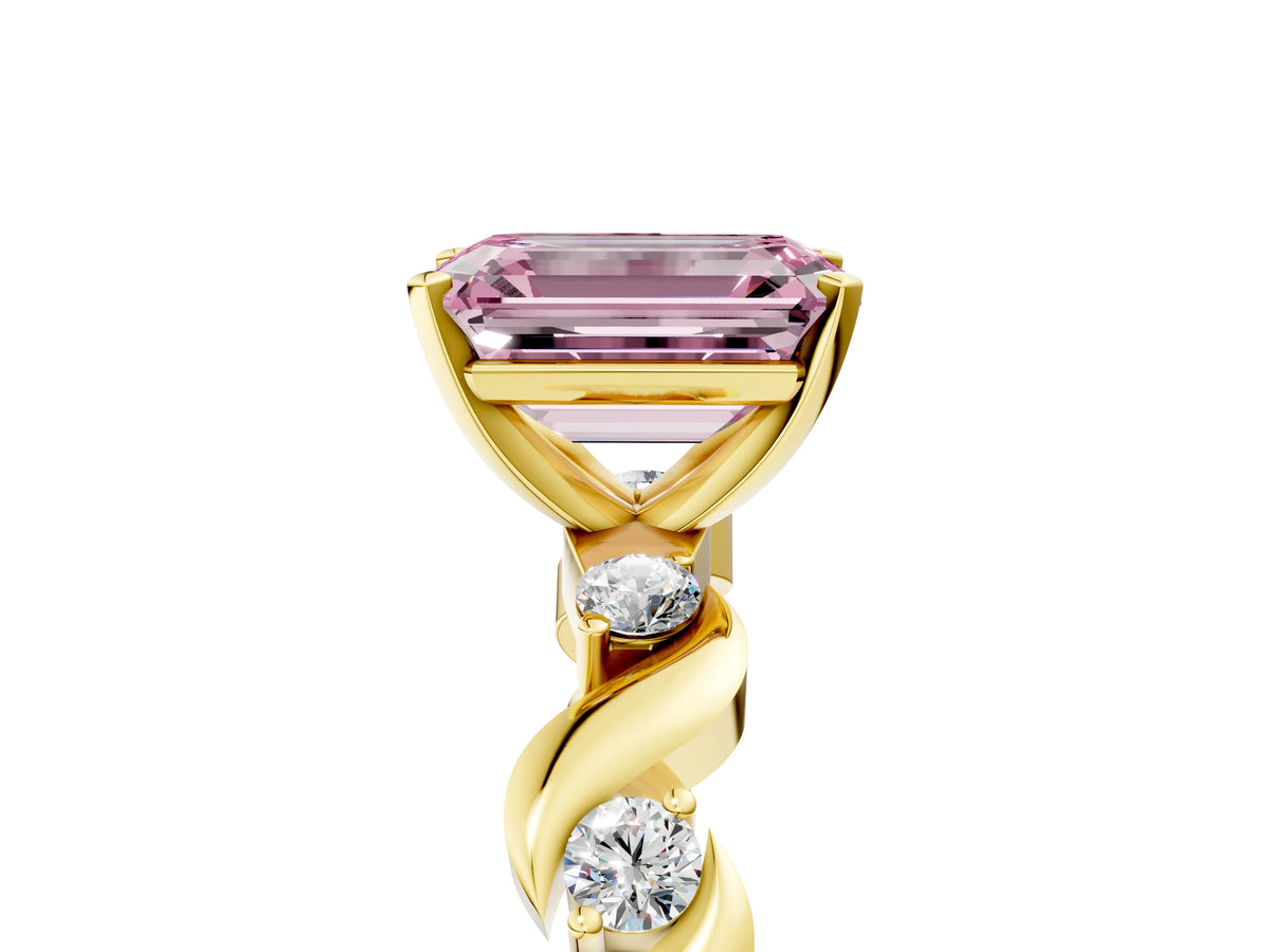 Fancy Pink Emerald Cut Diamond Solitaire Ring in Yellow gold with Twisted Ribbon Band and Round Accents_5