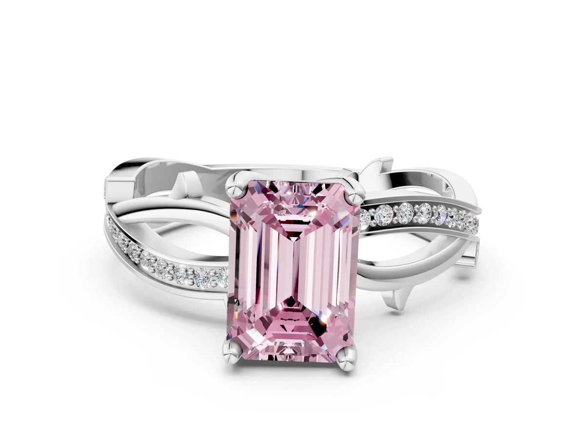 Fancy Pink Emerald Cut Diamond Solitaire Twist Band Ring in White gold with Pavé Accents and Prong Setting