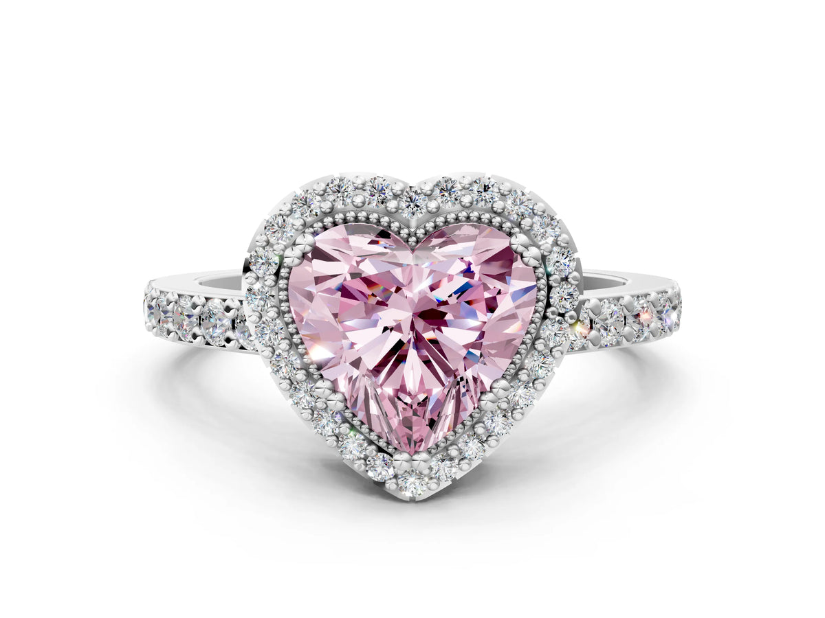 Fancy Pink Heart Cut Diamond Halo Engagement Ring in Platinum with Milgrain Detail and Pavé Band_12