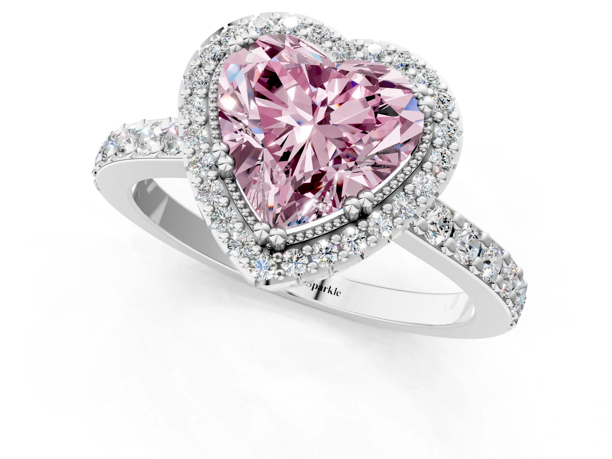 Fancy Pink Heart Cut Diamond Halo Engagement Ring in Platinum with Milgrain Detail and Pavé Band_13
