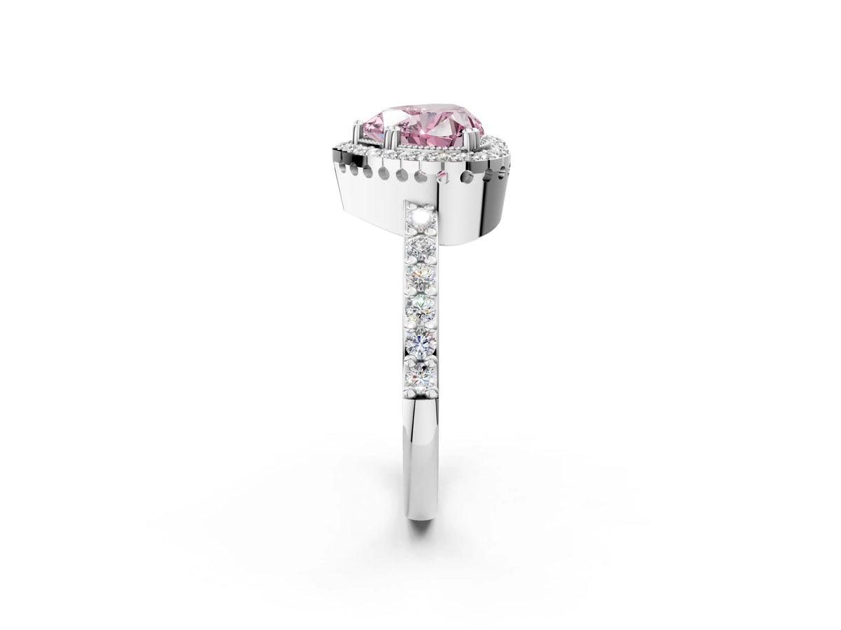 Fancy Pink Heart Cut Diamond Halo Engagement Ring in Platinum with Milgrain Detail and Pavé Band_14