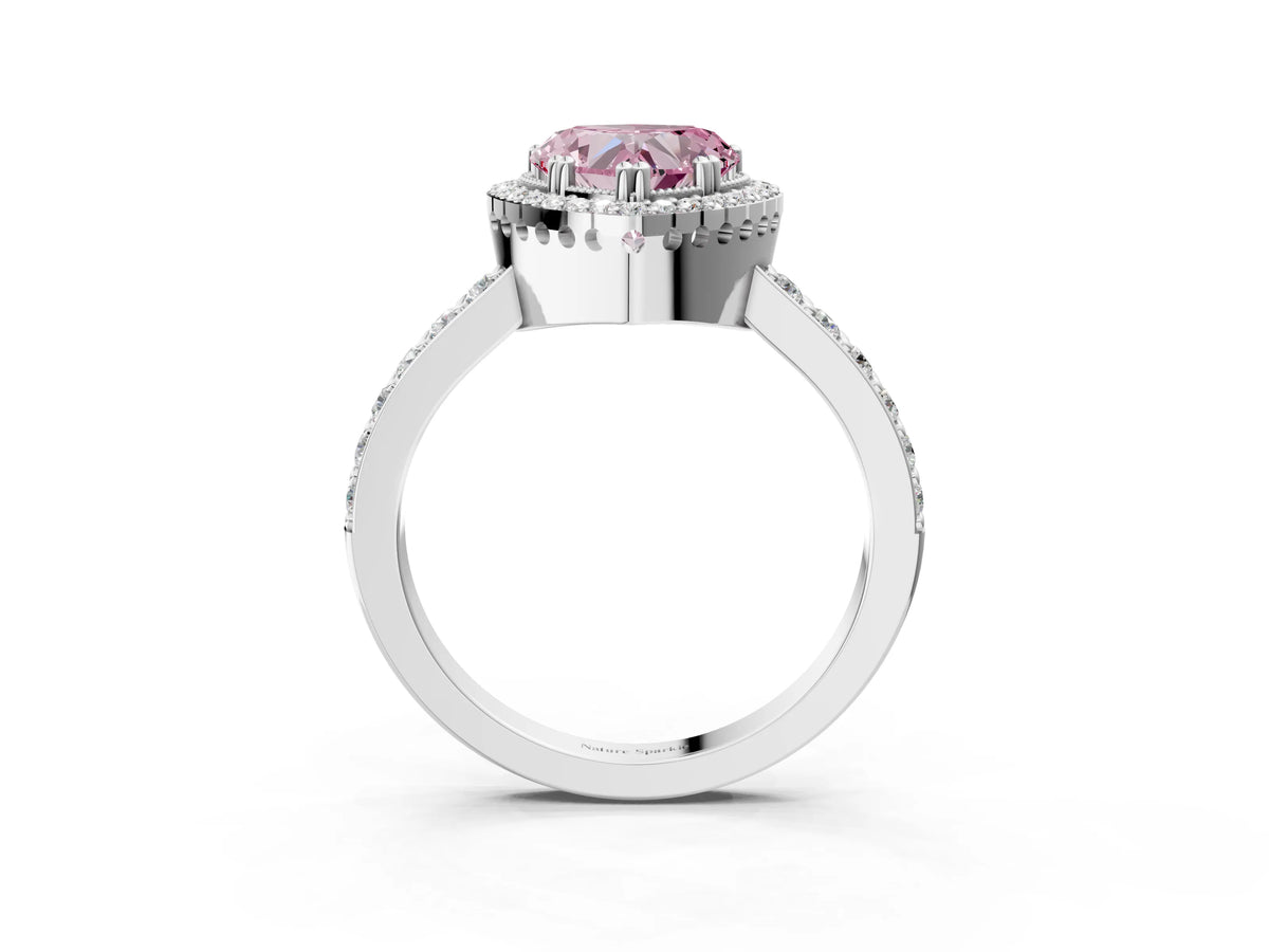 Fancy Pink Heart Cut Diamond Halo Engagement Ring in Platinum with Milgrain Detail and Pavé Band_15