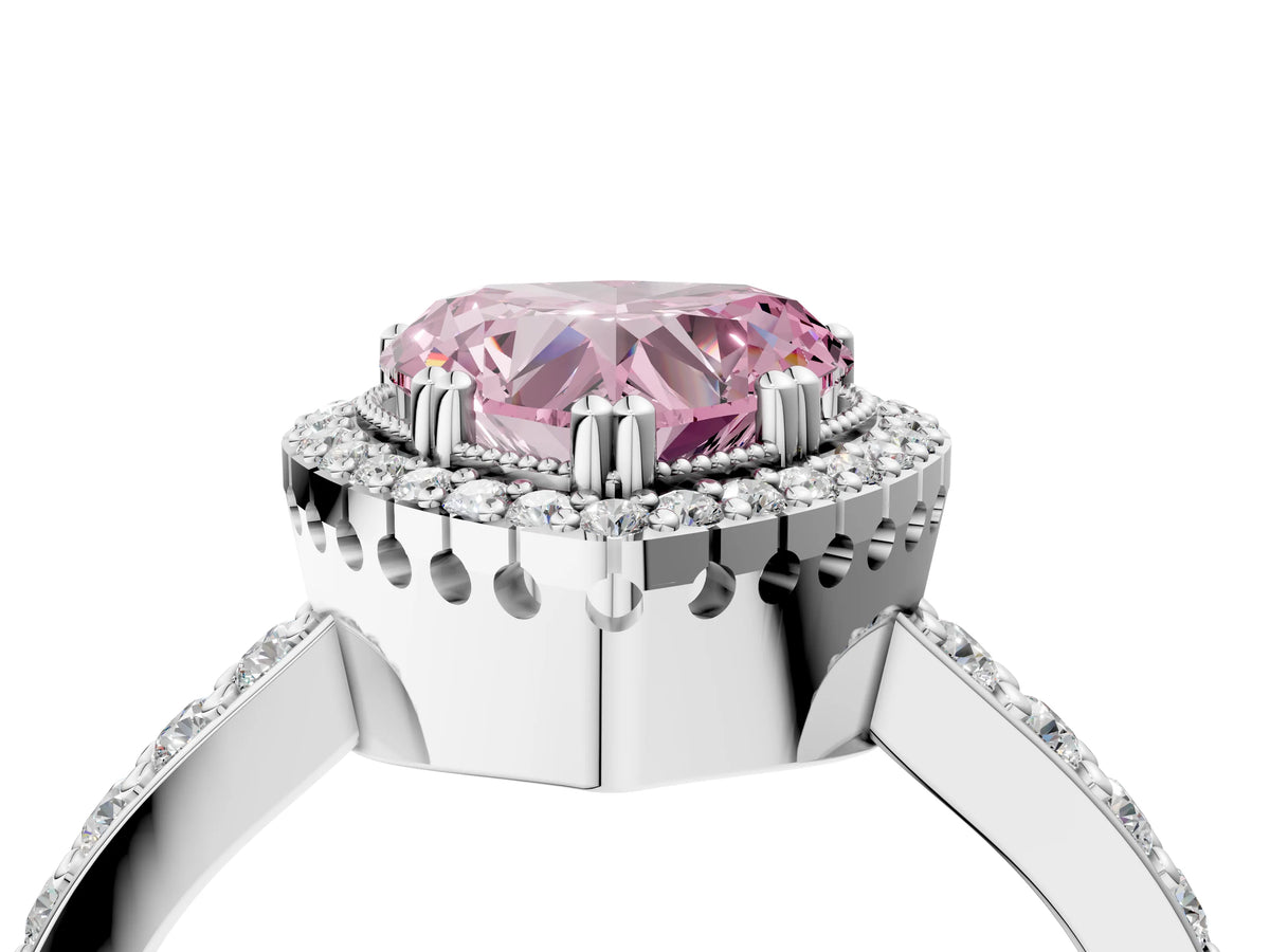 Fancy Pink Heart Cut Diamond Halo Engagement Ring in Platinum with Milgrain Detail and Pavé Band_16